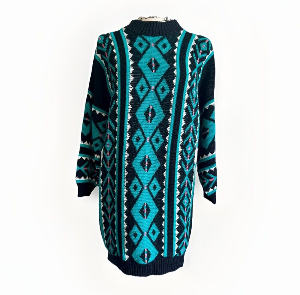 Vintage Private Eyes Long Baggy Sweater 80-90s Black Pink Teal Geometric Pattern